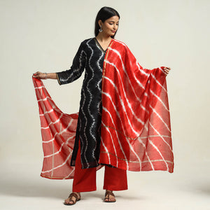 Black - Shibori Tye-Dye Chanderi Silk Kurta with Palazzo & Dupatta Set