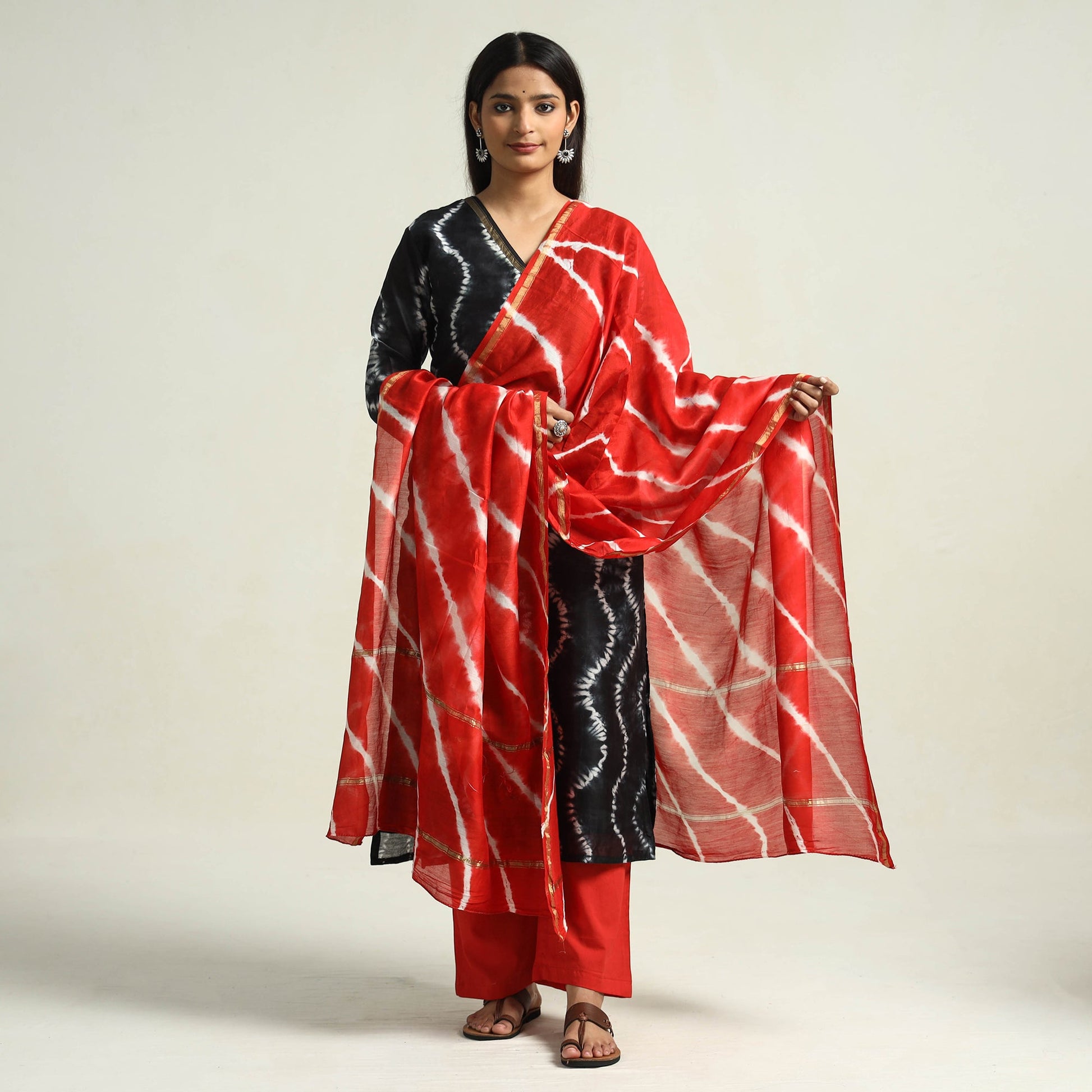 Black - Shibori Tye-Dye Chanderi Silk Kurta with Palazzo & Dupatta Set