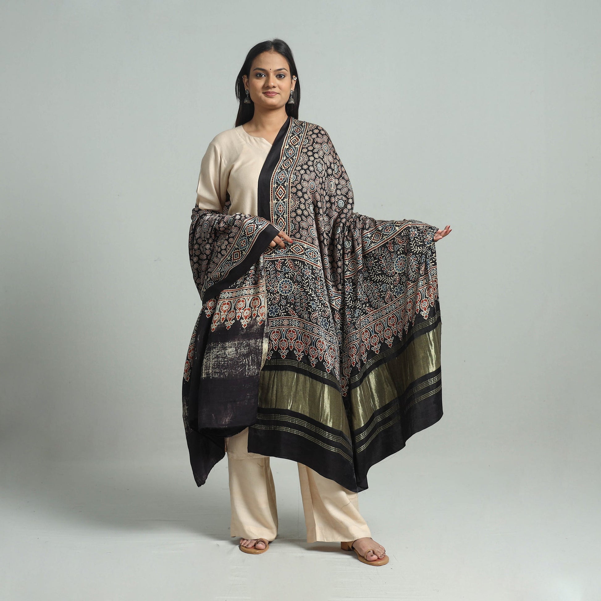 Black - Modal Silk Block Print Ajrakh Dupatta 98