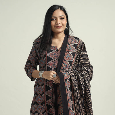 Black - Ajrakh Block Printed Cotton Kurta With Palazzo & Dupatta Set