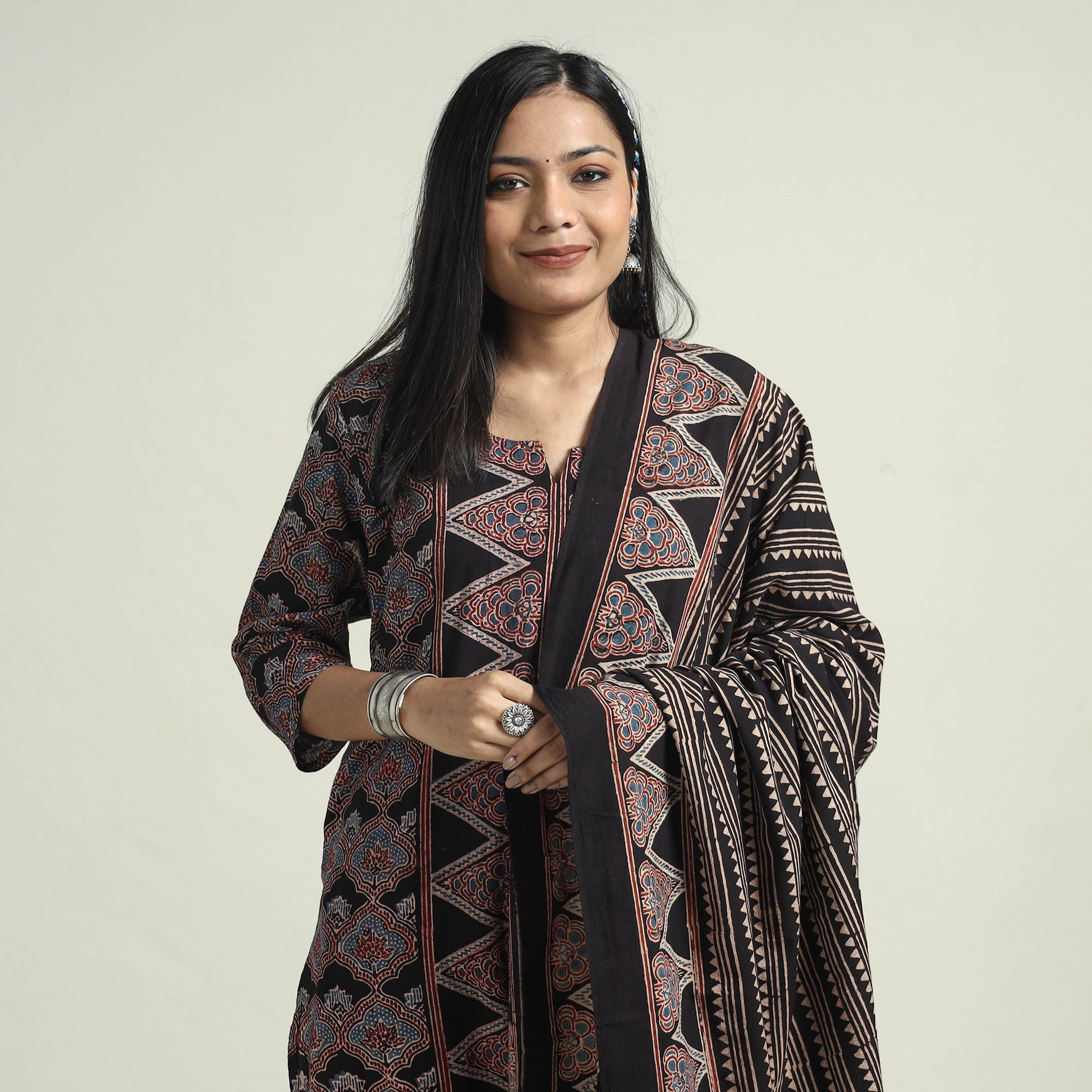 Black - Ajrakh Block Printed Cotton Kurta With Palazzo & Dupatta Set