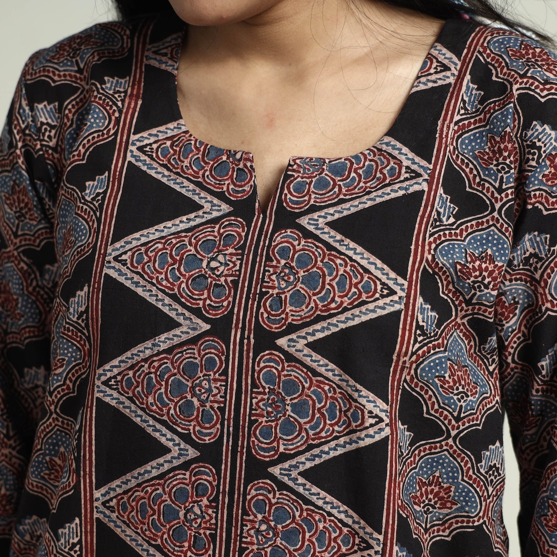 Black - Ajrakh Block Printed Cotton Kurta With Palazzo & Dupatta Set