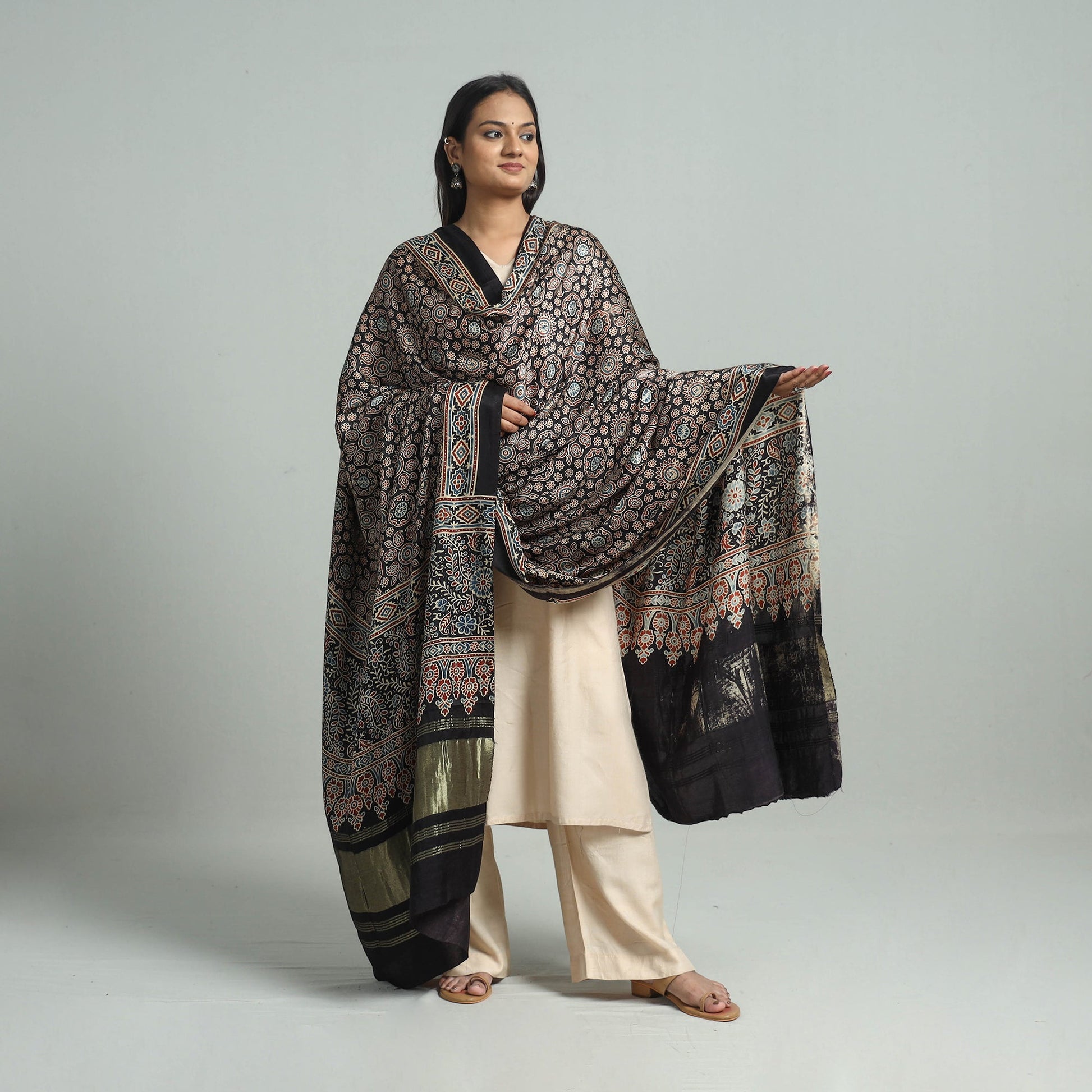 Black - Modal Silk Block Print Ajrakh Dupatta 98