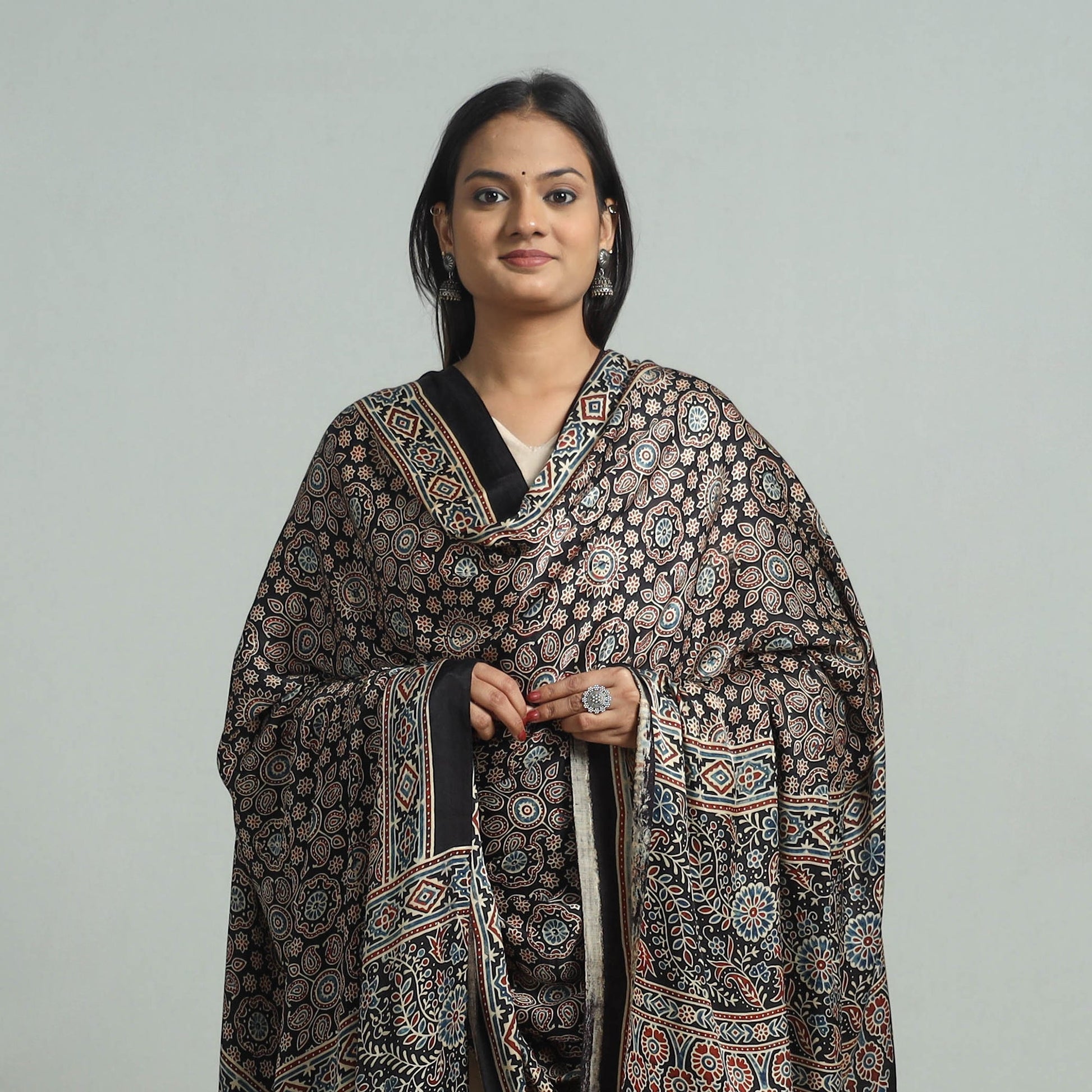 Black - Modal Silk Block Print Ajrakh Dupatta 98