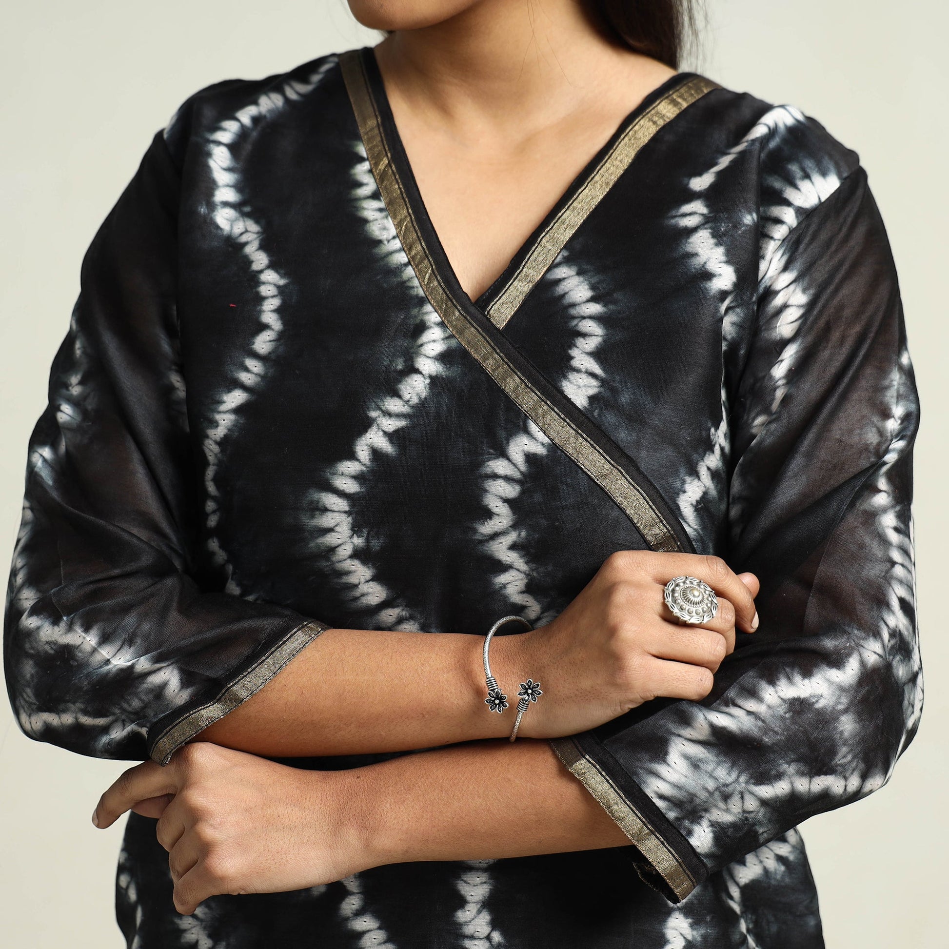 Black - Shibori Tye-Dye Chanderi Silk Kurta with Palazzo & Dupatta Set