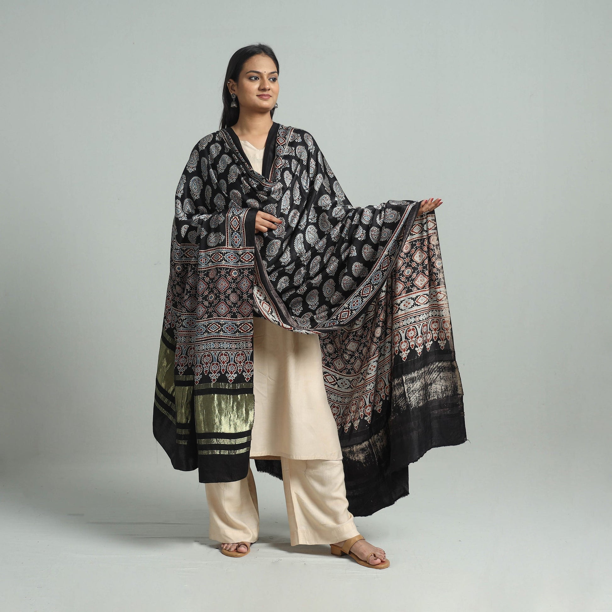 Black - Modal Silk Block Print Ajrakh Dupatta 99
