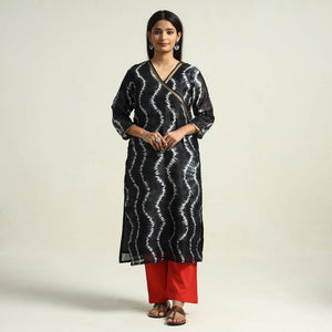 Black - Shibori Tye-Dye Chanderi Silk Kurta with Palazzo & Dupatta Set
