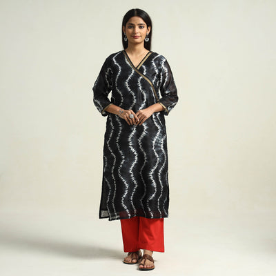 Black - Shibori Tye-Dye Chanderi Silk Kurta with Palazzo & Dupatta Set