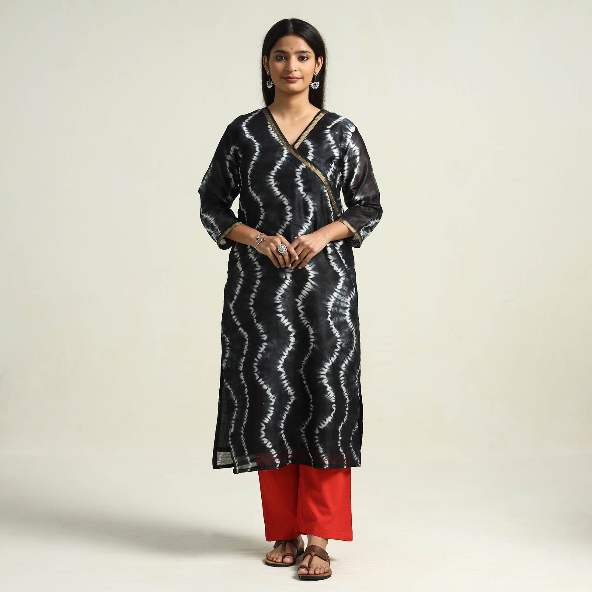 Black - Shibori Tye-Dye Chanderi Silk Kurta with Palazzo & Dupatta Set