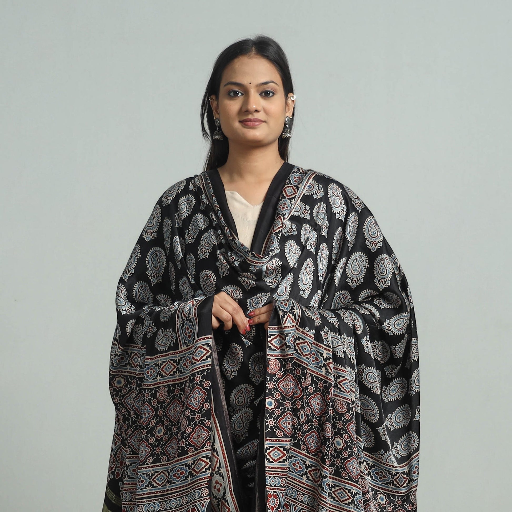 Black - Modal Silk Block Print Ajrakh Dupatta 99