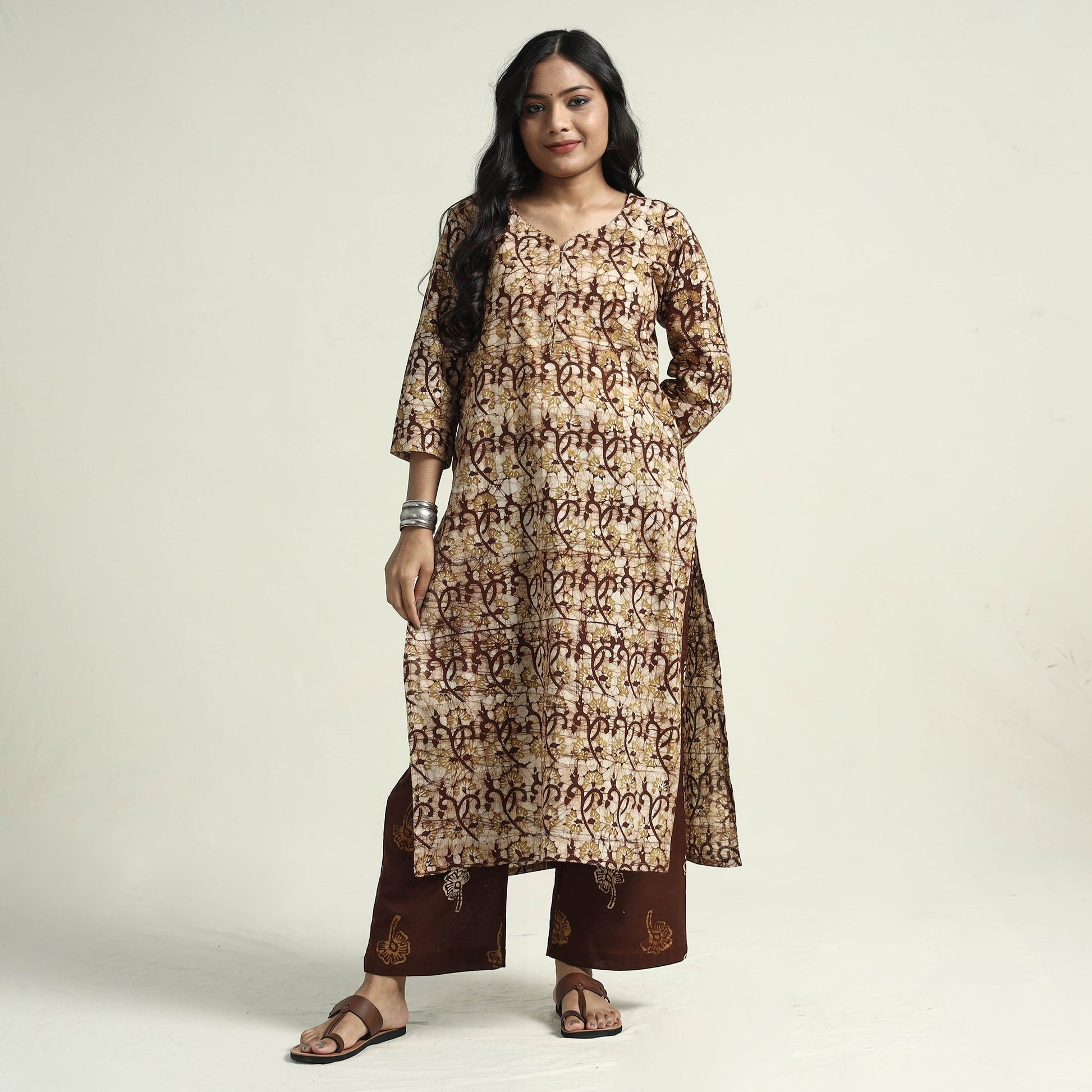 Brown - Hand Batik Printed Cotton Kurta with Palazzo & Dupatta Set