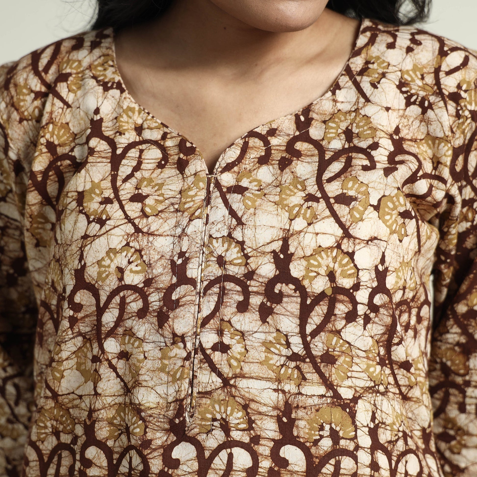 Brown - Hand Batik Printed Cotton Kurta with Palazzo & Dupatta Set
