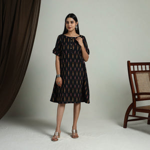 Black - Flared Cotton Short Pochampally Ikat Dress 08