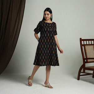 Black - Flared Cotton Short Pochampally Ikat Dress 08