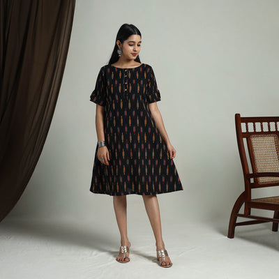 Black - Flared Cotton Short Pochampally Ikat Dress 08
