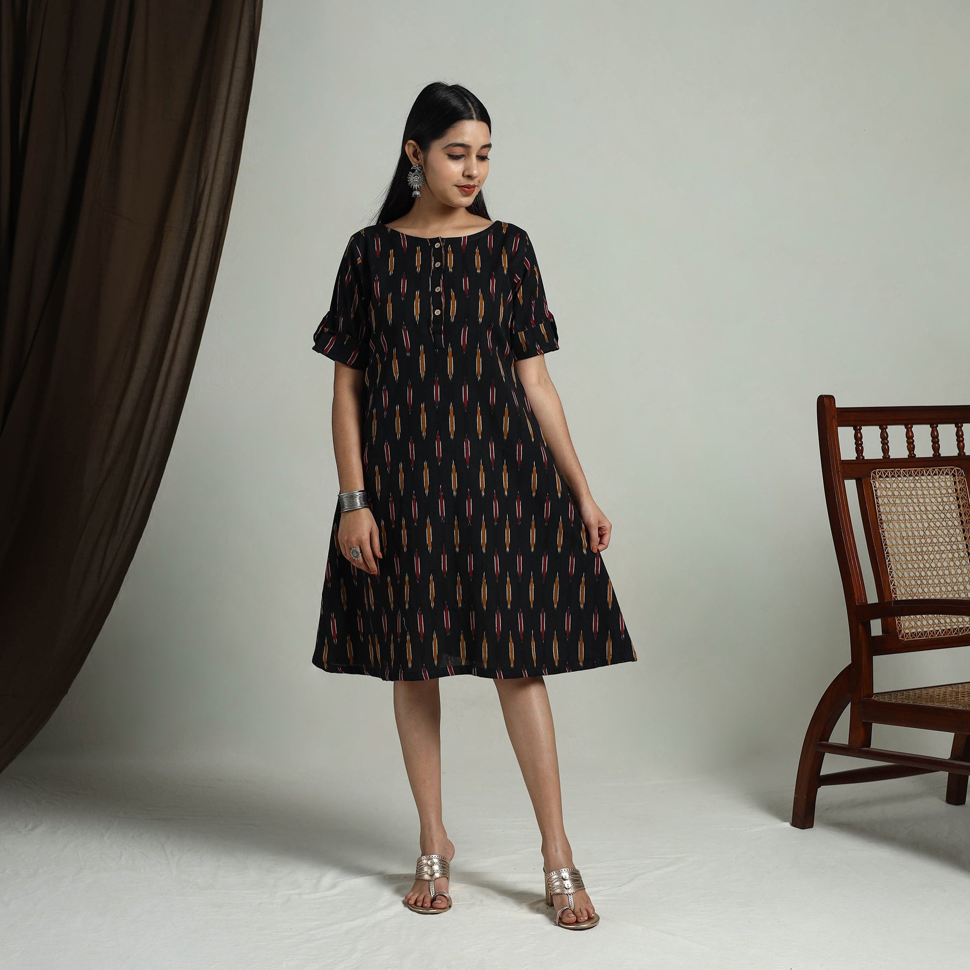 Black - Flared Cotton Short Pochampally Ikat Dress 08