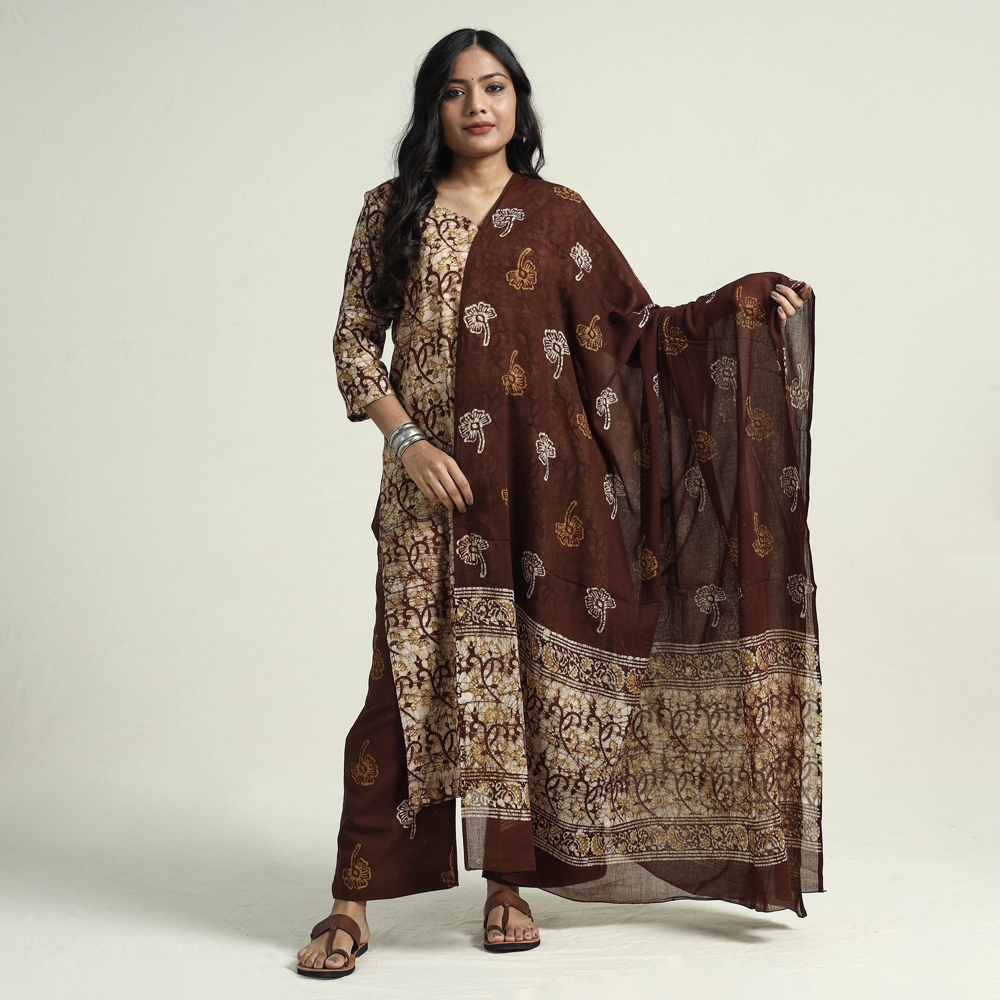 Brown - Hand Batik Printed Cotton Kurta with Palazzo & Dupatta Set