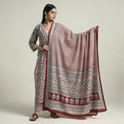 Beige - Bagh Block Printed Cotton Kurta with Palazzo & Dupatta Set 02