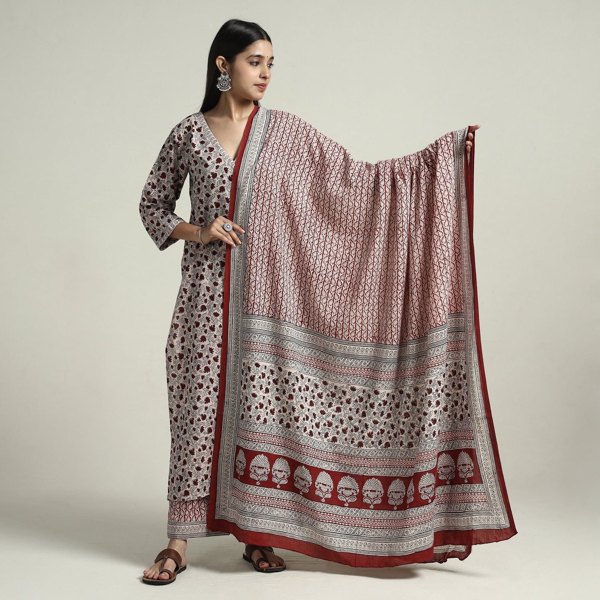 Beige - Bagh Block Printed Cotton Kurta with Palazzo & Dupatta Set 02