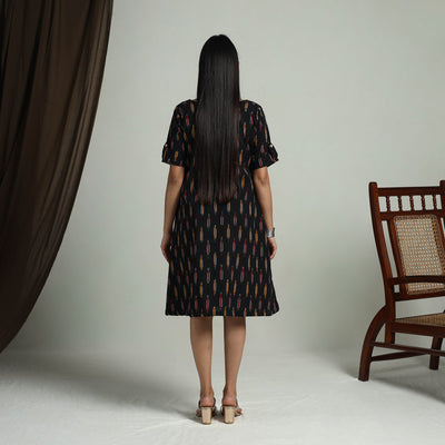 Black - Flared Cotton Short Pochampally Ikat Dress 08