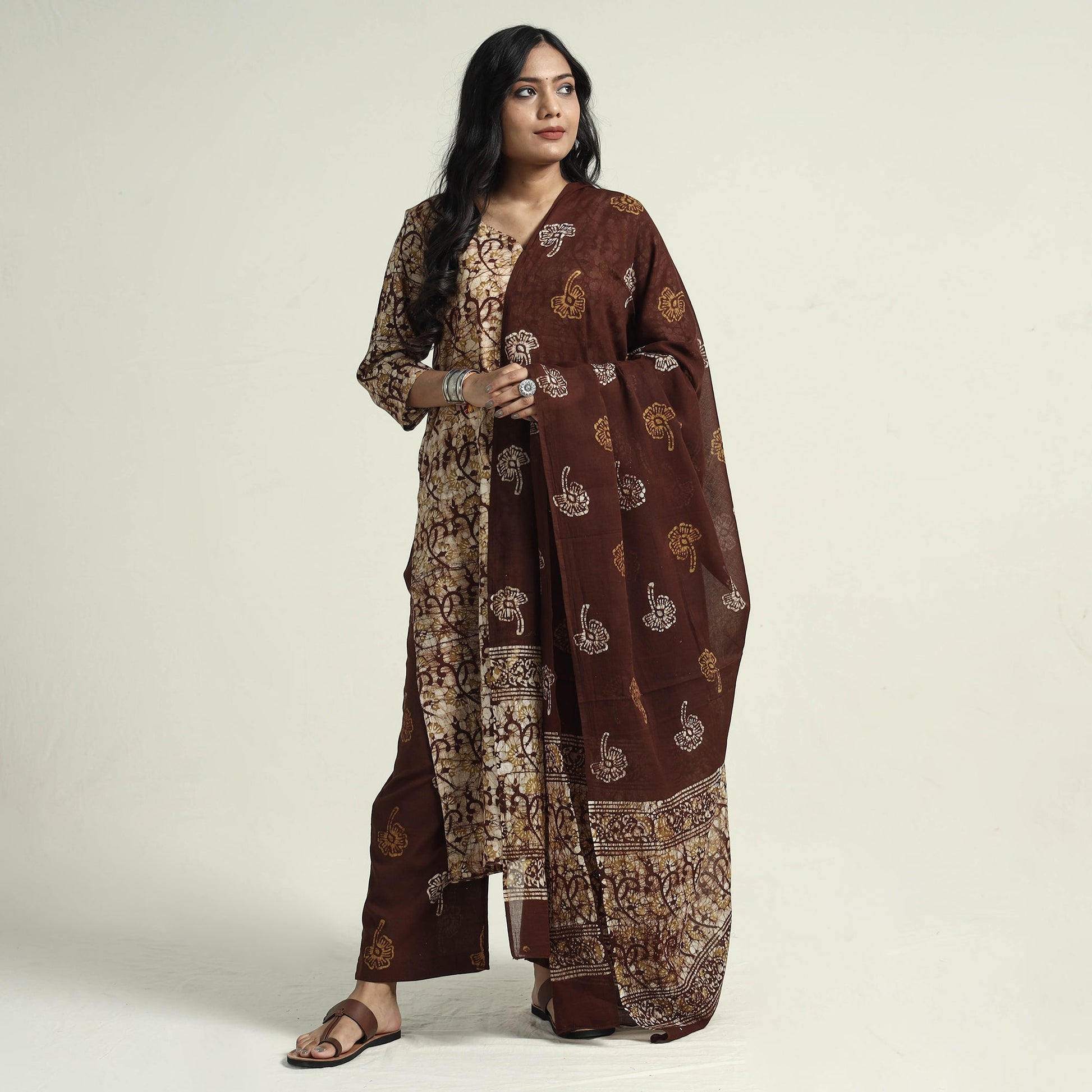 Brown - Hand Batik Printed Cotton Kurta with Palazzo & Dupatta Set