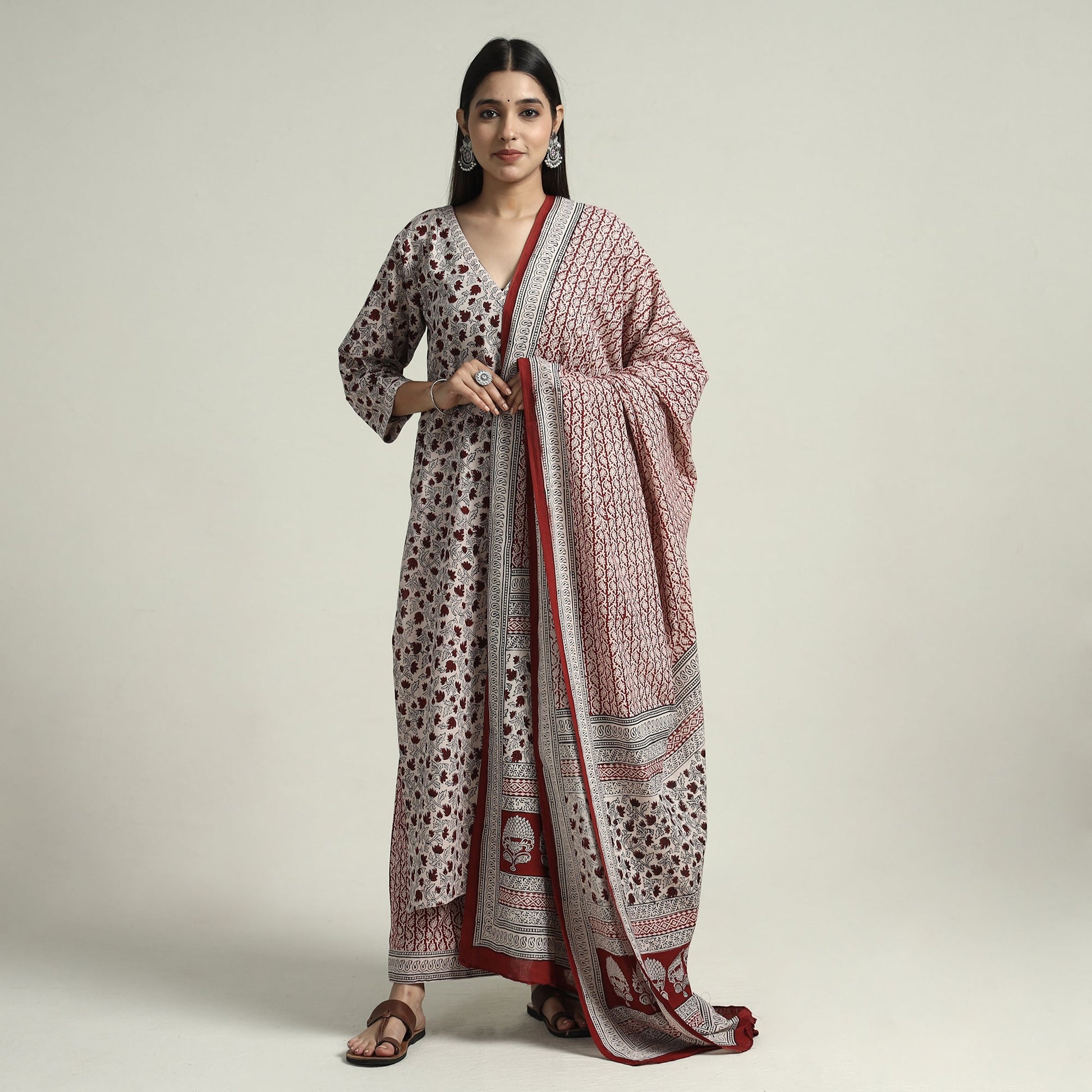 Beige - Bagh Block Printed Cotton Kurta with Palazzo & Dupatta Set 02