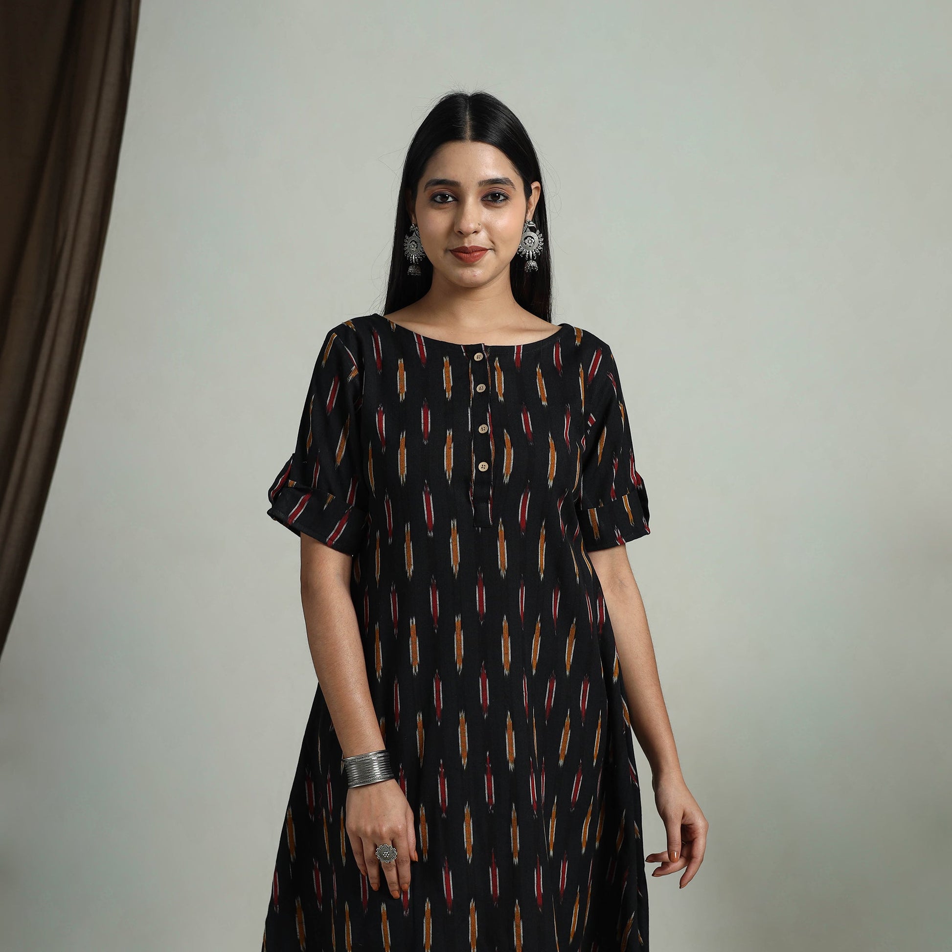 Black - Flared Cotton Short Pochampally Ikat Dress 08