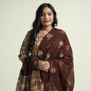 Brown - Hand Batik Printed Cotton Kurta with Palazzo & Dupatta Set