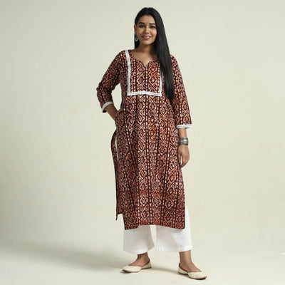 Brown - Hand Batik Printed Cotton Kurta with Palazzo Set