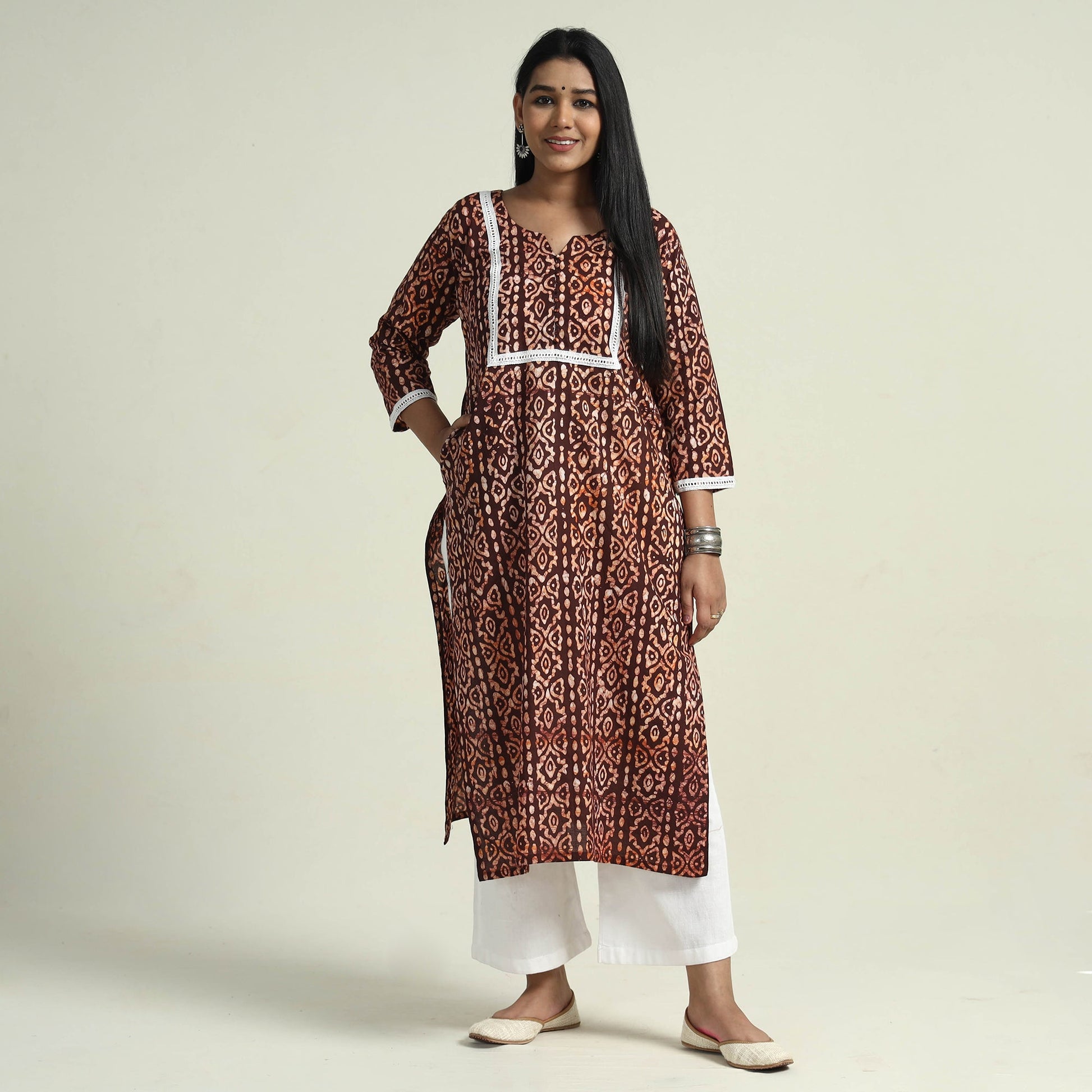 Brown - Hand Batik Printed Cotton Kurta with Palazzo Set