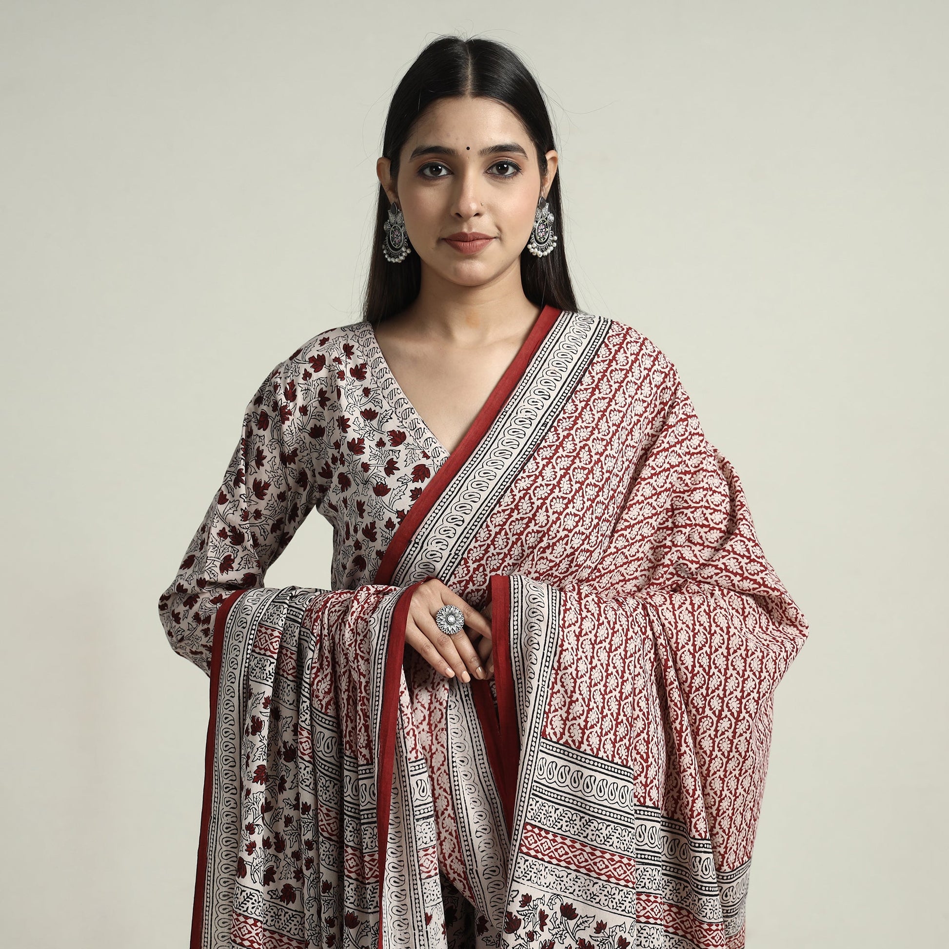 Beige - Bagh Block Printed Cotton Kurta with Palazzo & Dupatta Set 02