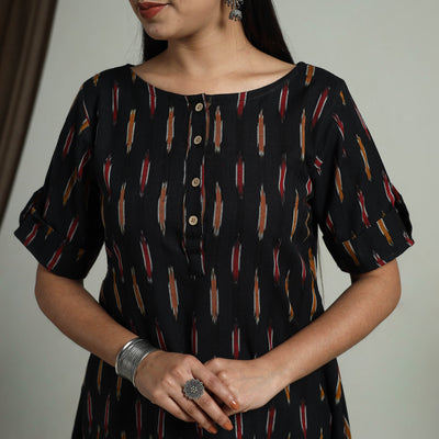 Black - Flared Cotton Short Pochampally Ikat Dress 08