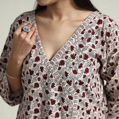 Beige - Bagh Block Printed Cotton Kurta with Palazzo & Dupatta Set 02