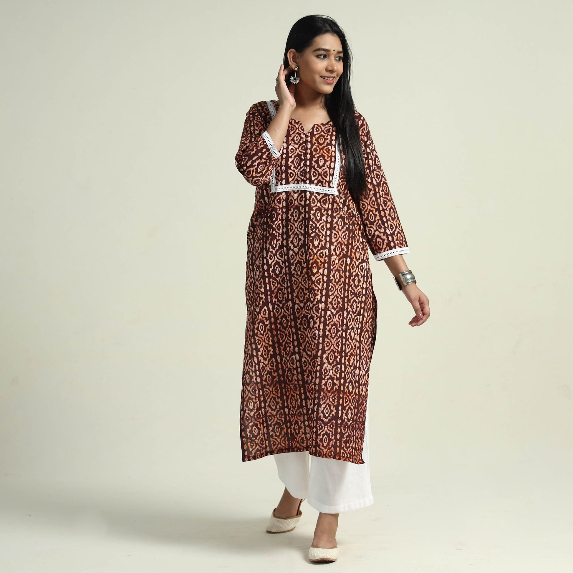 Brown - Hand Batik Printed Cotton Kurta with Palazzo Set