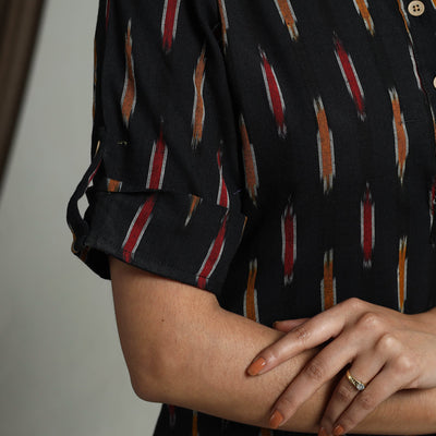 Black - Flared Cotton Short Pochampally Ikat Dress 08