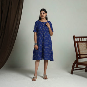 Blue - Flared Cotton Short Pochampally Ikat Dress 11