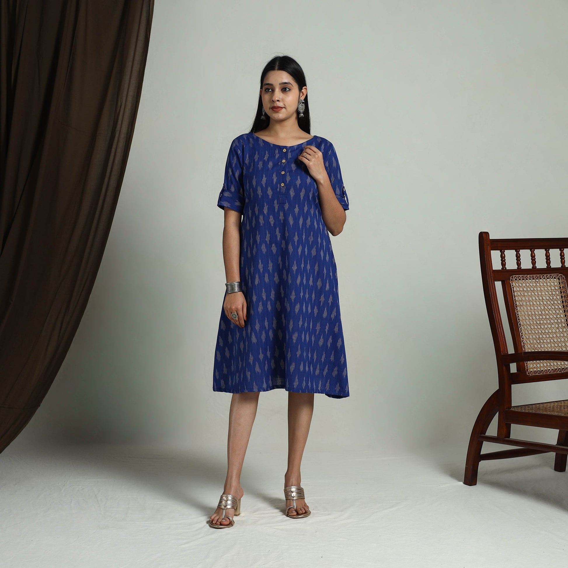 Blue - Flared Cotton Short Pochampally Ikat Dress 11