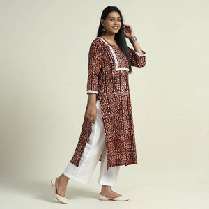 Brown - Hand Batik Printed Cotton Kurta with Palazzo Set