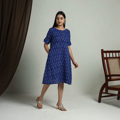 Blue - Flared Cotton Short Pochampally Ikat Dress 11