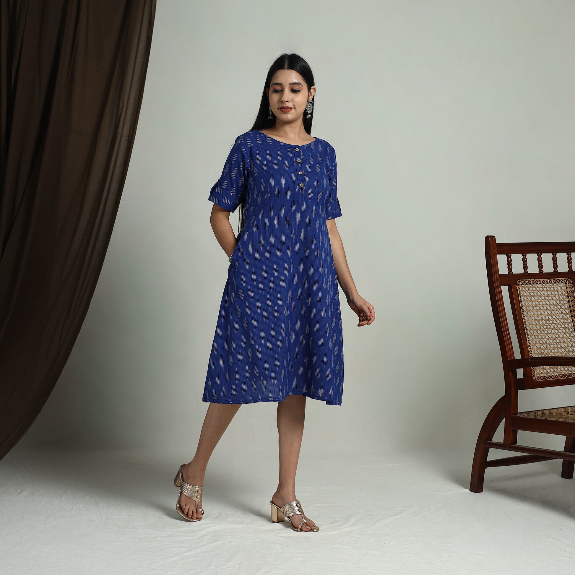 Blue - Flared Cotton Short Pochampally Ikat Dress 11