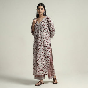Beige - Bagh Block Printed Cotton Kurta with Palazzo & Dupatta Set 02