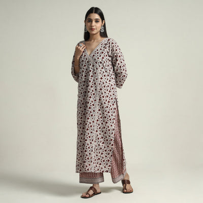 Beige - Bagh Block Printed Cotton Kurta with Palazzo & Dupatta Set 02