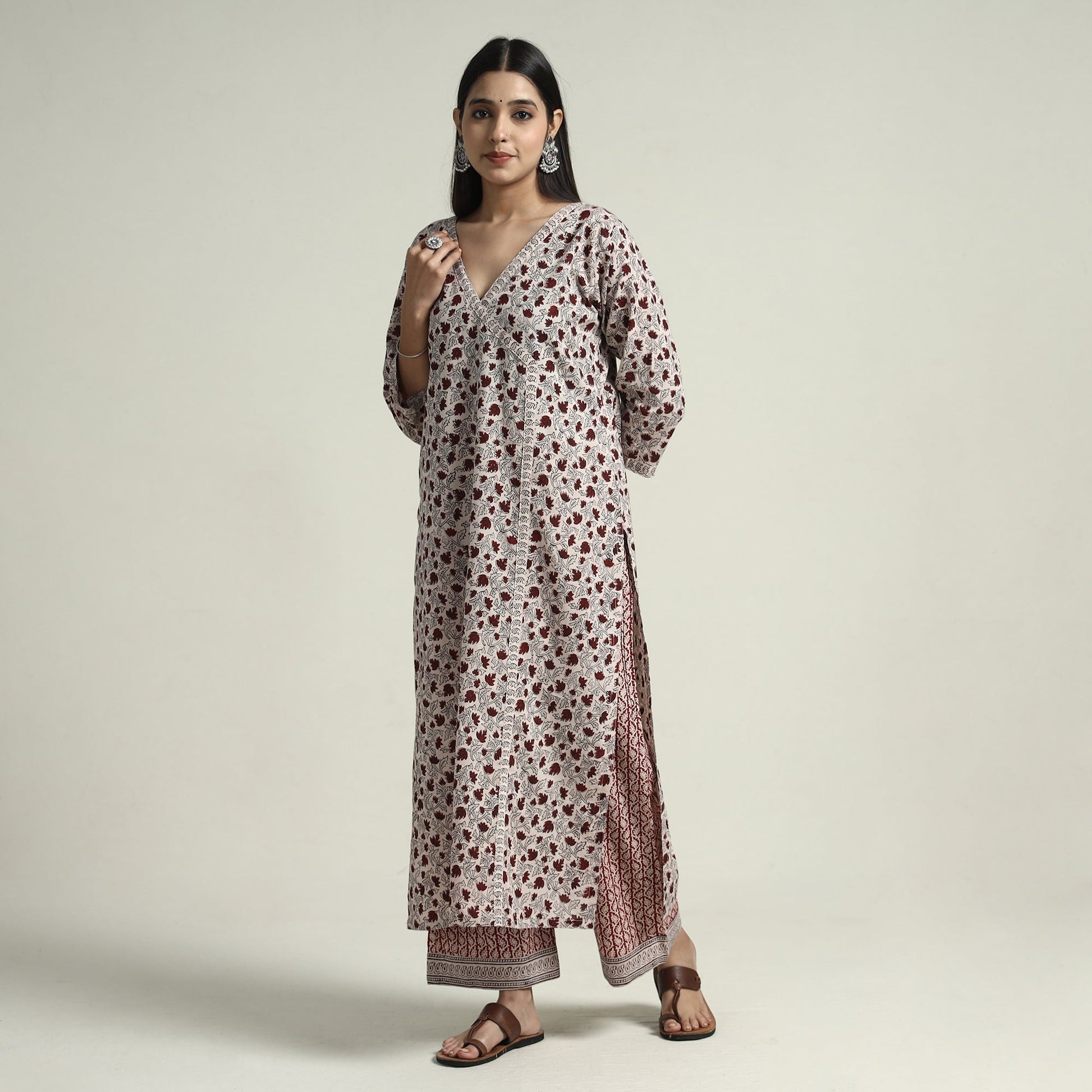 Beige - Bagh Block Printed Cotton Kurta with Palazzo & Dupatta Set 02