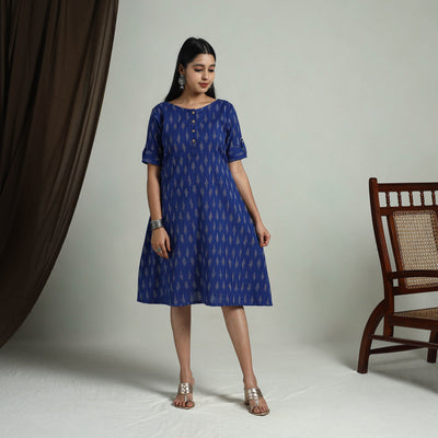 Blue - Flared Cotton Short Pochampally Ikat Dress 11