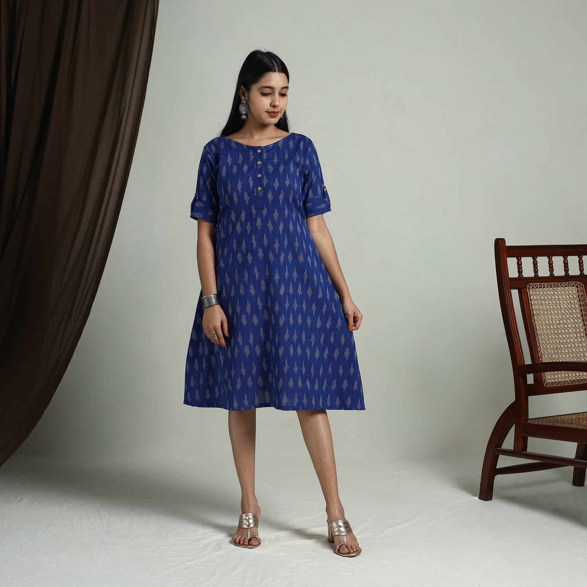 Blue - Flared Cotton Short Pochampally Ikat Dress 11