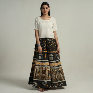 Black - Hand Batik Printed Running Stitch Cotton Long Skirt 75