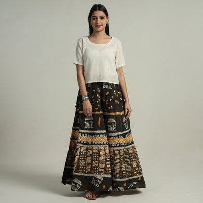 Black - Hand Batik Printed Running Stitch Cotton Long Skirt 75