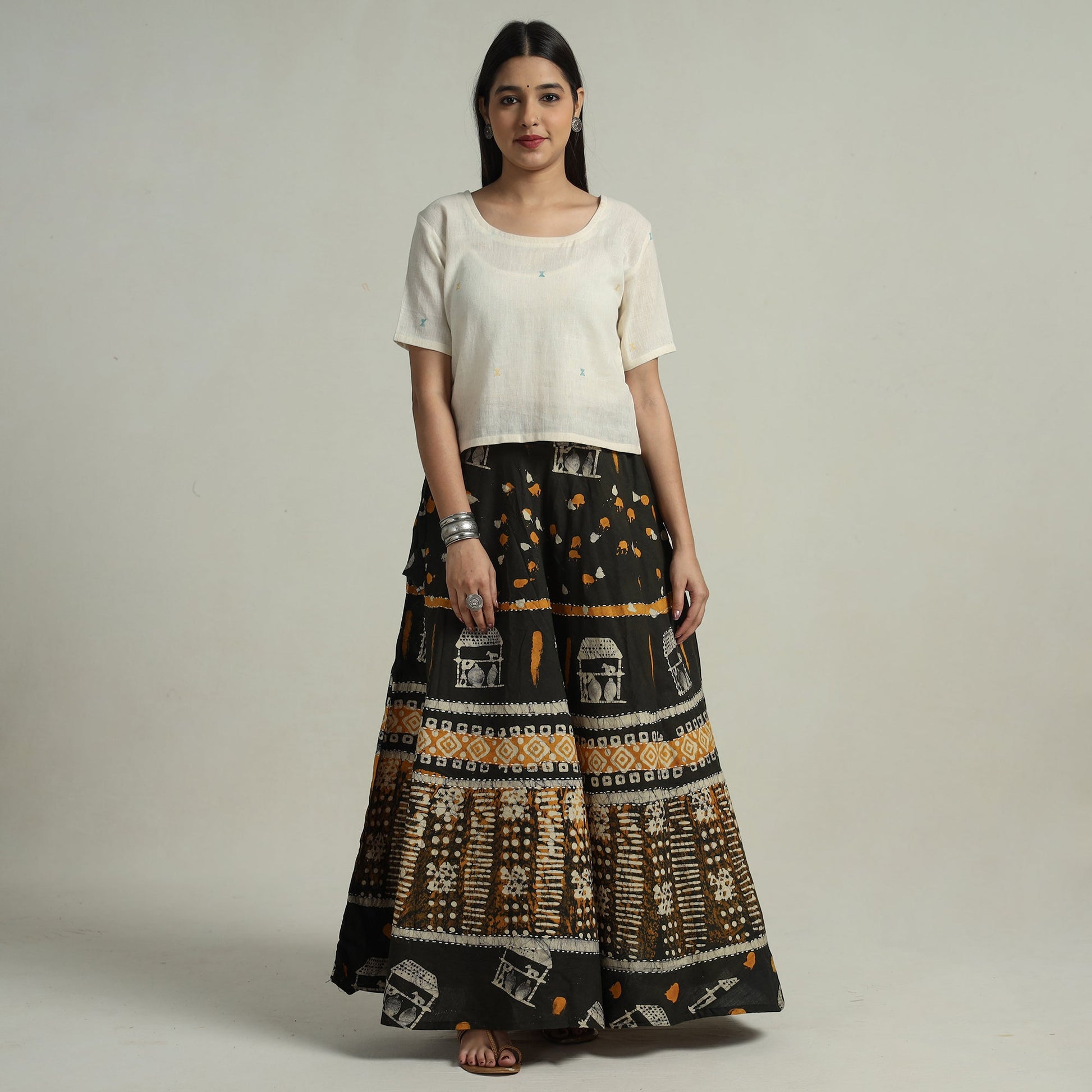 Black - Hand Batik Printed Running Stitch Cotton Long Skirt 75