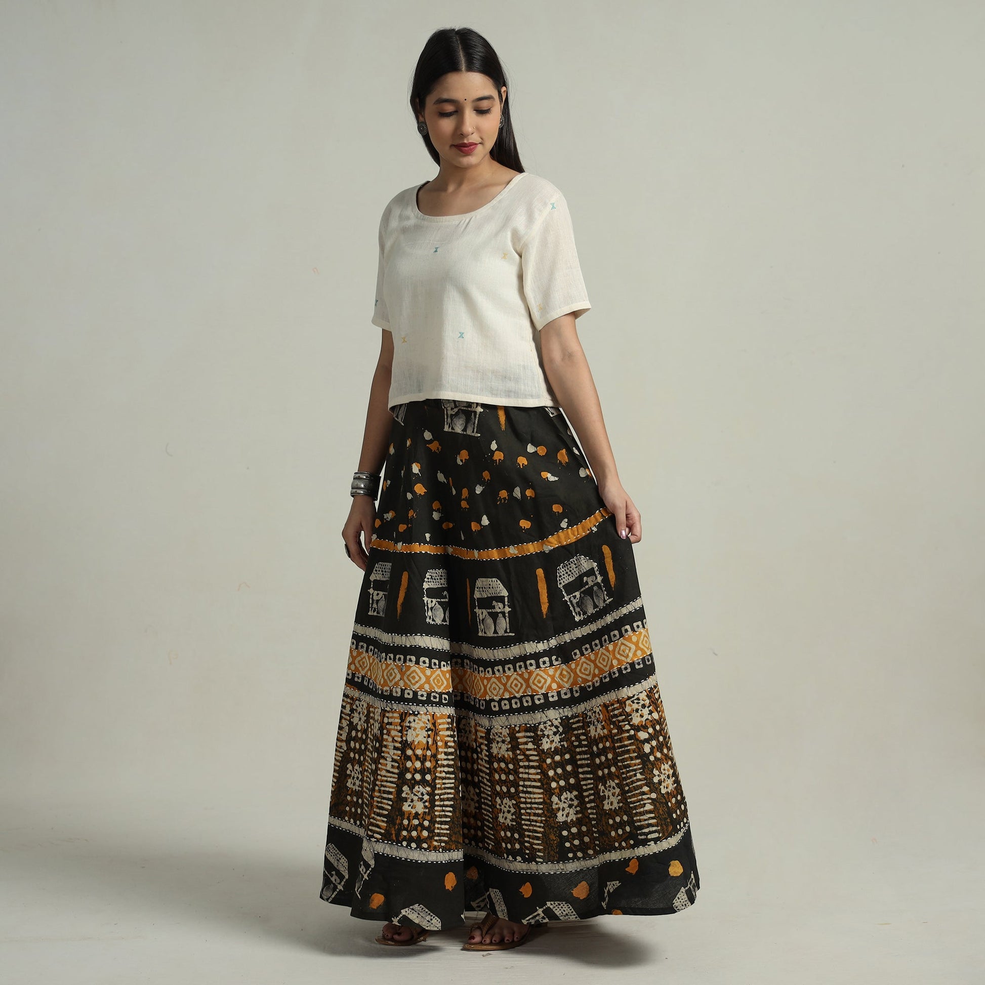 Black - Hand Batik Printed Running Stitch Cotton Long Skirt 75