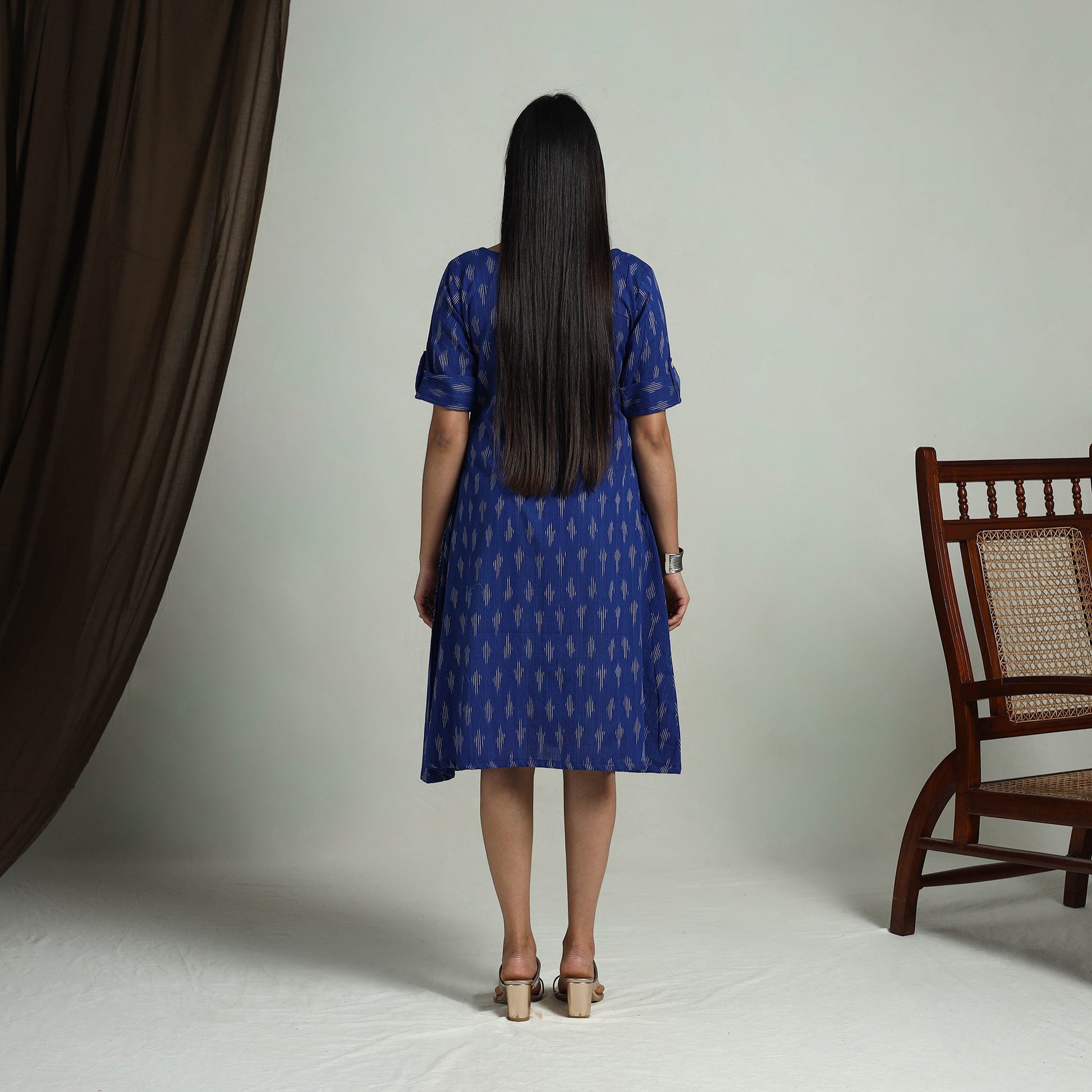 Blue - Flared Cotton Short Pochampally Ikat Dress 11